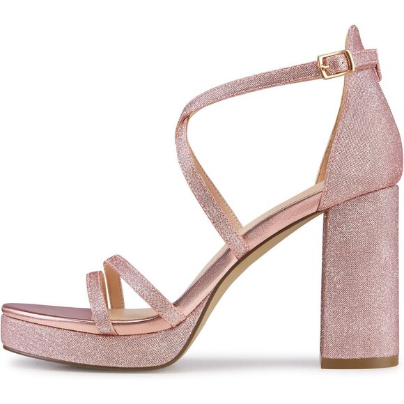 Women's Pink-GlitterSandal Stylish Comfortable Chunky Blocked Strappy Heel Shoe - Picture 4 of 5